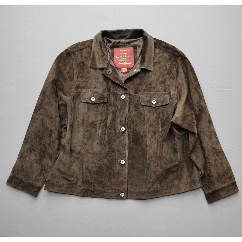 Eddie Bauer Seattle Suede Trucker Jacket Brown Washable Leather XXL